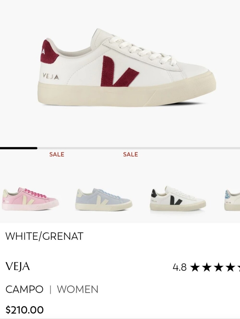 Veja Campo Leather Sneaker in White with Grenat V Sz 9W/7M Us